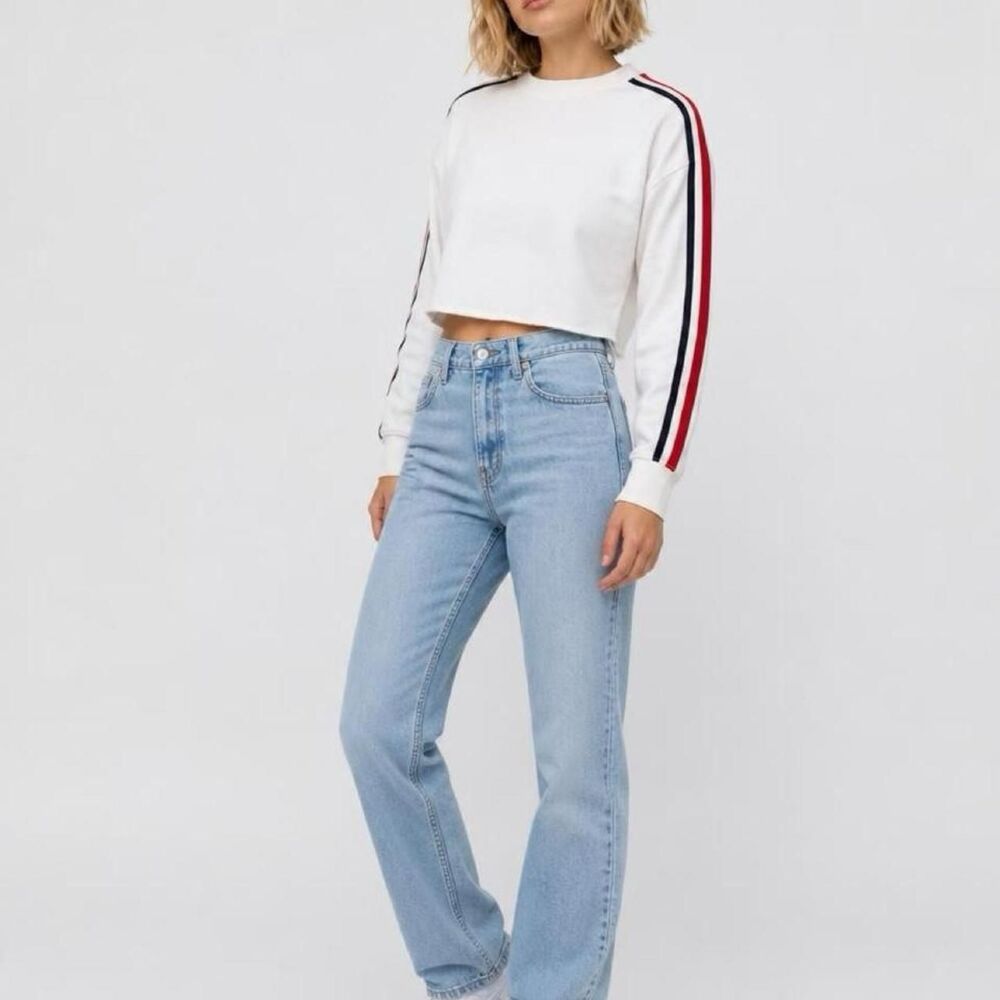 Forever 21 Crop Top Shirt White with Blue and Red Trim Size S